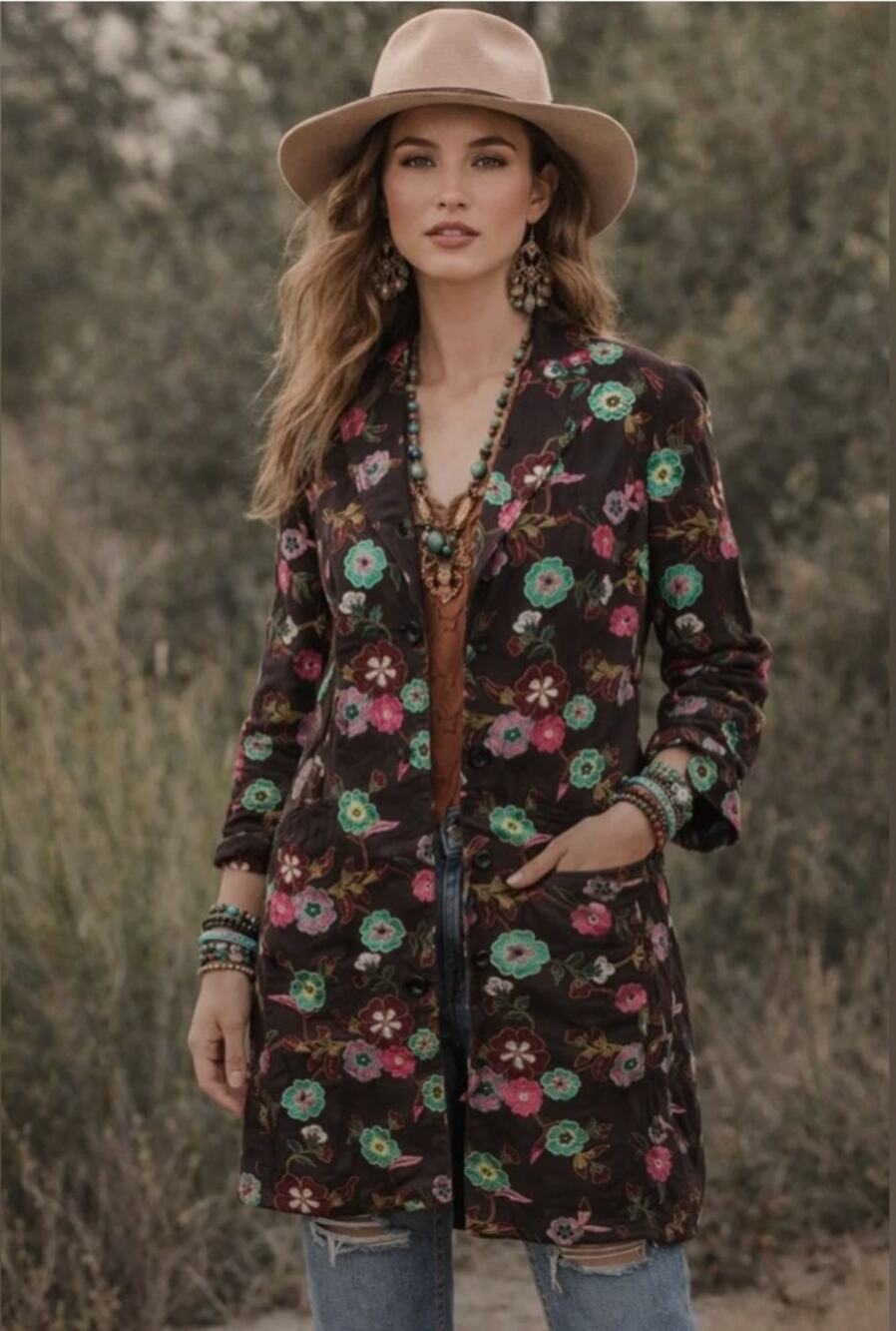 Johnny Was Embroidered Floral Trench Coat Jacket Chocolate Brown Size Small Boho